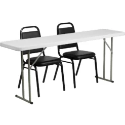 Emma And Oliver 6-Foot Plastic Folding Training Table Set With 2 Trapezoidal Back Stack Chairs