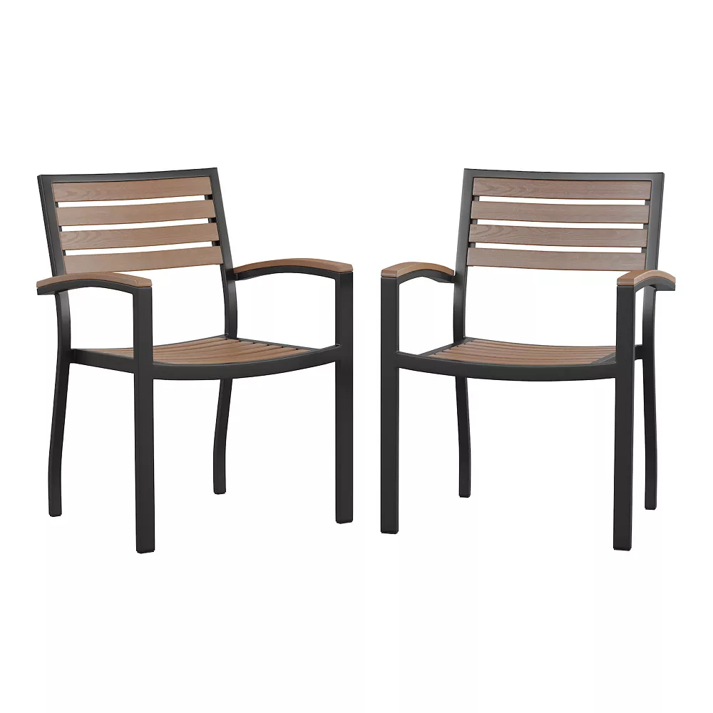 Emma And Oliver Set Of 2 Stackable All-Weather Aluminum Patio Chairs With Faux Teak Slats 3 Emma And Oliver Set Of 2 Stackable All-Weather Aluminum Patio Chairs With Faux Teak Slats