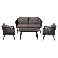 Emma And Oliver Alfresco Black & Gray Woven All-Weather Four-Piece Conversation Set With Cushions & Metal Coffee Table For Porch, Backyard And Patio