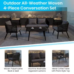 Emma And Oliver Alfresco Black & Gray Woven All-Weather Four-Piece Conversation Set With Cushions & Metal Coffee Table For Porch, Backyard And Patio -Home furnishings 6049117 ALT2
