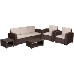 Emma And Oliver 5 Piece Outdoor Faux Rattan Sofa And Table Set In Chocolate Brown