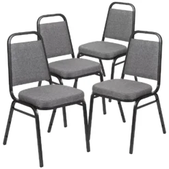 Emma And Oliver 4 Pack Trapezoid Banquet Stack Chair, 2.5" Seat - Gray Fabric/Silver Vein Frame