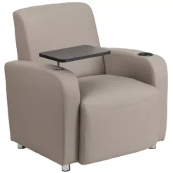Emma And Oliver Gray LeatherSoft Tablet Arm Chair, Chrome Legs And Cup Holder