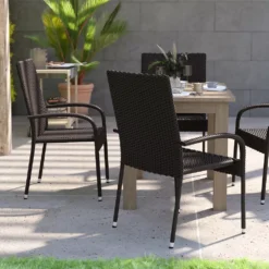 Emma And Oliver Sala Stacking All-Weather Black Wicker Wrapped Powder Coated Steel Patio Club Chair For Indoor And Outdoor Use - Set Of 4 -Home furnishings 6049136 ALT2