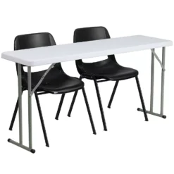 Emma And Oliver 5-Foot Plastic Folding Training Table Set With 2 Black Plastic Stack Chairs
