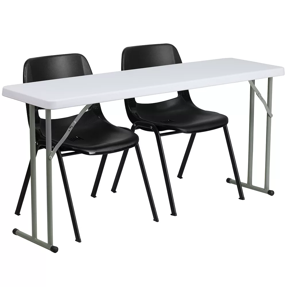 Emma And Oliver 5-Foot Plastic Folding Training Table Set With 2 Black Plastic Stack Chairs 3 Emma And Oliver 5-Foot Plastic Folding Training Table Set With 2 Black Plastic Stack Chairs