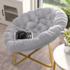 Emma And Oliver Ersa 38" Oversize Folding Saucer Chair With Cozy Faux Fur Upholstery In Gray With Soft Gold Metal Frame For Dorms, Bedrooms, Apartments And More 8 Emma And Oliver Ersa 38" Oversize Folding Saucer Chair With Cozy Faux Fur Upholstery In Gray With Soft Gold Metal Frame For Dorms, Bedrooms, Apartments And More -Home furnishings 6136893 ALT2