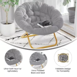 Emma And Oliver Ersa 38" Oversize Folding Saucer Chair With Cozy Faux Fur Upholstery In Gray With Soft Gold Metal Frame For Dorms, Bedrooms, Apartments And More 9 Emma And Oliver Ersa 38" Oversize Folding Saucer Chair With Cozy Faux Fur Upholstery In Gray With Soft Gold Metal Frame For Dorms, Bedrooms, Apartments And More -Home furnishings 6136893 ALT3