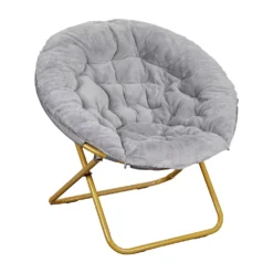 Emma And Oliver Ersa 38" Oversize Folding Saucer Chair With Cozy Faux Fur Upholstery In Gray With Soft Gold Metal Frame For Dorms, Bedrooms, Apartments And More