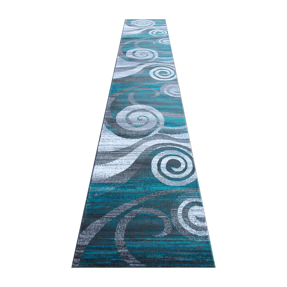 Emma And Oliver Aeris 3'x16' Contemporary Swirl Plush Pile Accent Rug With Scraped Effect In Turquoise, Gray, Black And White And Jute Backing 3 Emma And Oliver Aeris 3'x16' Contemporary Swirl Plush Pile Accent Rug With Scraped Effect In Turquoise, Gray, Black And White And Jute Backing