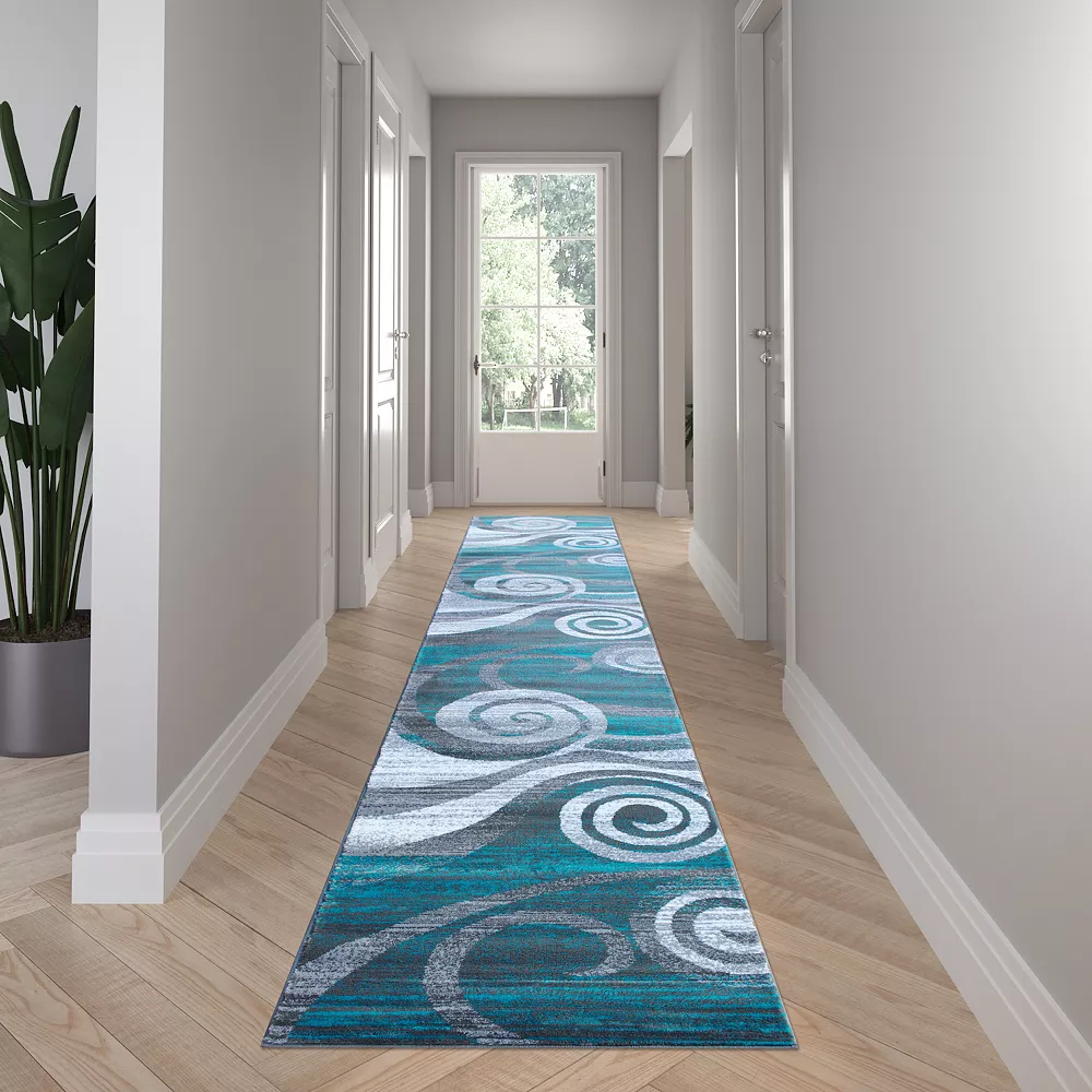 Emma And Oliver Aeris 3'x16' Contemporary Swirl Plush Pile Accent Rug With Scraped Effect In Turquoise, Gray, Black And White And Jute Backing 4 Emma And Oliver Aeris 3'x16' Contemporary Swirl Plush Pile Accent Rug With Scraped Effect In Turquoise, Gray, Black And White And Jute Backing - Image 2