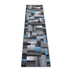 Emma And Oliver Malaga 2x7 Modern Cubist Olefin Accent Runner Rug In Gradient Shades Of Black, Gray And Blue With Natural Jute Backing