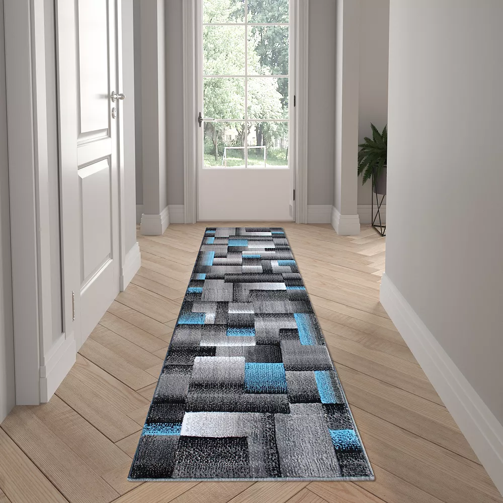 Emma And Oliver Malaga 2x7 Modern Cubist Olefin Accent Runner Rug In Gradient Shades Of Black, Gray And Blue With Natural Jute Backing 4 Emma And Oliver Malaga 2x7 Modern Cubist Olefin Accent Runner Rug In Gradient Shades Of Black, Gray And Blue With Natural Jute Backing - Image 2