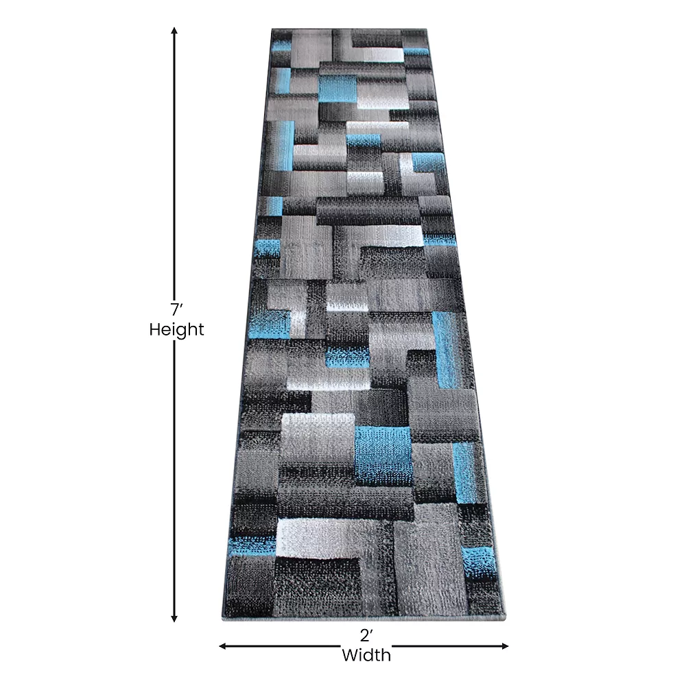 Emma And Oliver Malaga 2x7 Modern Cubist Olefin Accent Runner Rug In Gradient Shades Of Black, Gray And Blue With Natural Jute Backing 6 Emma And Oliver Malaga 2x7 Modern Cubist Olefin Accent Runner Rug In Gradient Shades Of Black, Gray And Blue With Natural Jute Backing - Image 4