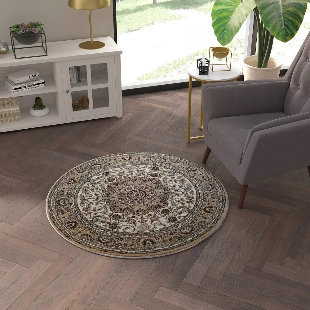 Emma And Oliver Zada Ultra Soft 4'x4' Round Olefin Accent Rug With Traditional Multicolor Medallion Design In Ivory With Natural Jute Backing 4 Emma And Oliver Zada Ultra Soft 4'x4' Round Olefin Accent Rug With Traditional Multicolor Medallion Design In Ivory With Natural Jute Backing - Image 2