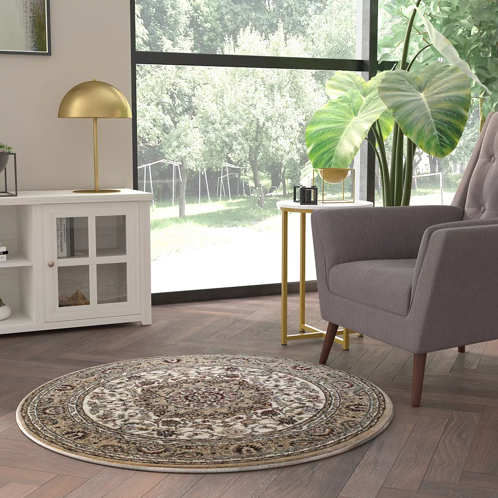 Emma And Oliver Zada Ultra Soft 4'x4' Round Olefin Accent Rug With Traditional Multicolor Medallion Design In Ivory With Natural Jute Backing 5 Emma And Oliver Zada Ultra Soft 4'x4' Round Olefin Accent Rug With Traditional Multicolor Medallion Design In Ivory With Natural Jute Backing - Image 3