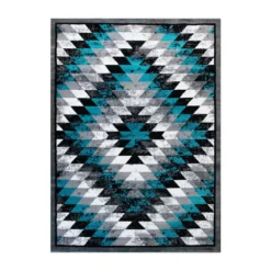 Emma And Oliver Tucson 6x9 Distressed Southwestern Diamond Motif Plush Pile Olefin Accent Rug In Turquoise, Beige, Brown And Black - Jute Backing