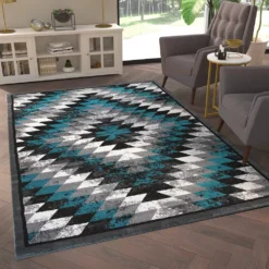 Emma And Oliver Tucson 6x9 Distressed Southwestern Diamond Motif Plush Pile Olefin Accent Rug In Turquoise, Beige, Brown And Black - Jute Backing -Home furnishings 6169875 ALT2