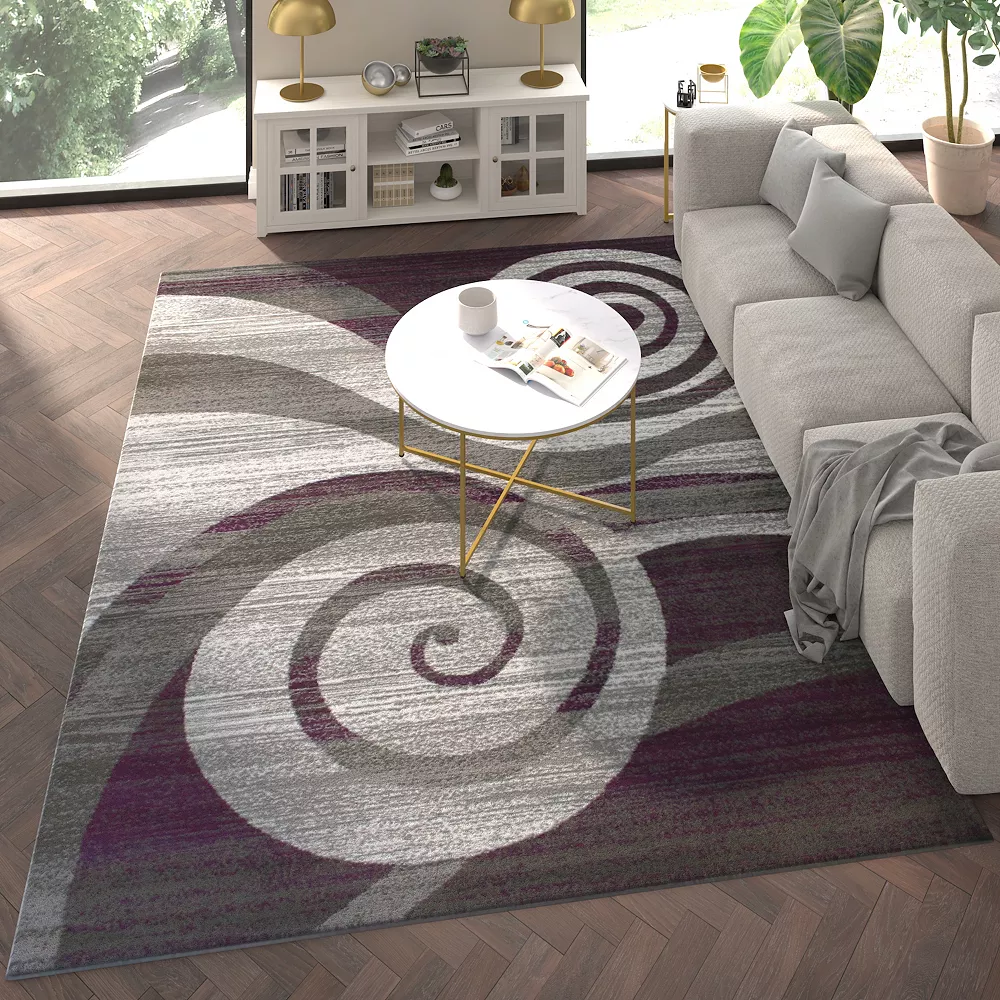 Emma And Oliver Aeris 8'x10' Contemporary Swirl Plush Pile Accent Rug With Scraped Effect In Purple, Gray, Black And White And Jute Backing 4 Emma And Oliver Aeris 8'x10' Contemporary Swirl Plush Pile Accent Rug With Scraped Effect In Purple, Gray, Black And White And Jute Backing - Image 2