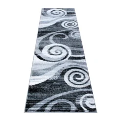 Emma And Oliver Aeris 2'x7' Contemporary Swirl Plush Pile Accent Rug With Scraped Effect In Gray, Black And White And Jute Backing