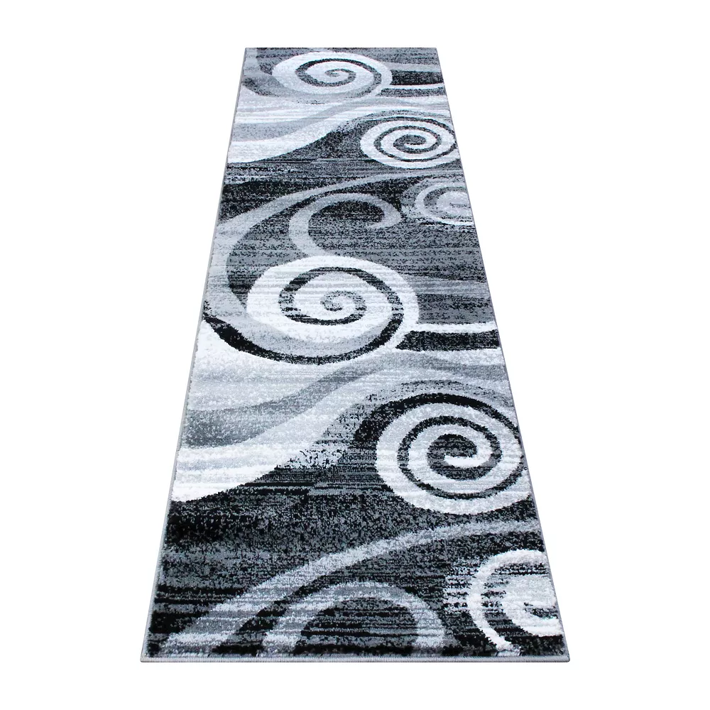 Emma And Oliver Aeris 2'x7' Contemporary Swirl Plush Pile Accent Rug With Scraped Effect In Gray, Black And White And Jute Backing 3 Emma And Oliver Aeris 2'x7' Contemporary Swirl Plush Pile Accent Rug With Scraped Effect In Gray, Black And White And Jute Backing