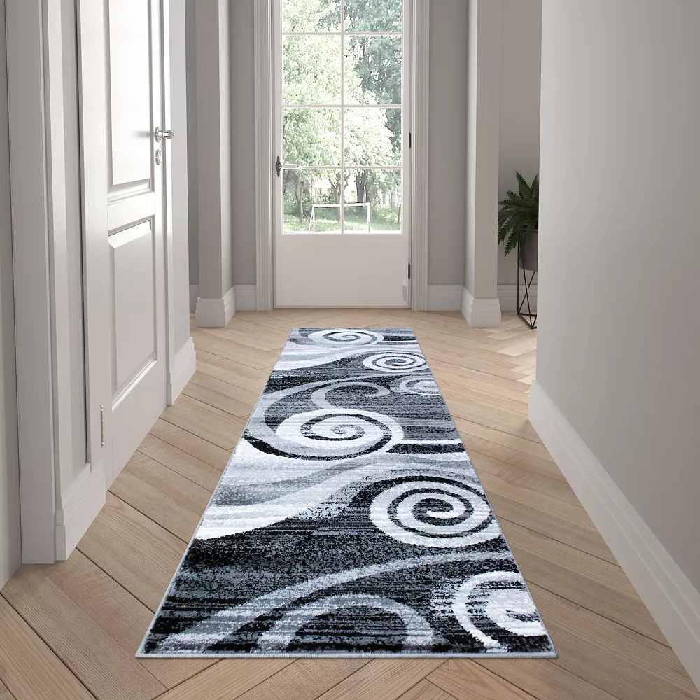 Emma And Oliver Aeris 2'x7' Contemporary Swirl Plush Pile Accent Rug With Scraped Effect In Gray, Black And White And Jute Backing 4 Emma And Oliver Aeris 2'x7' Contemporary Swirl Plush Pile Accent Rug With Scraped Effect In Gray, Black And White And Jute Backing - Image 2