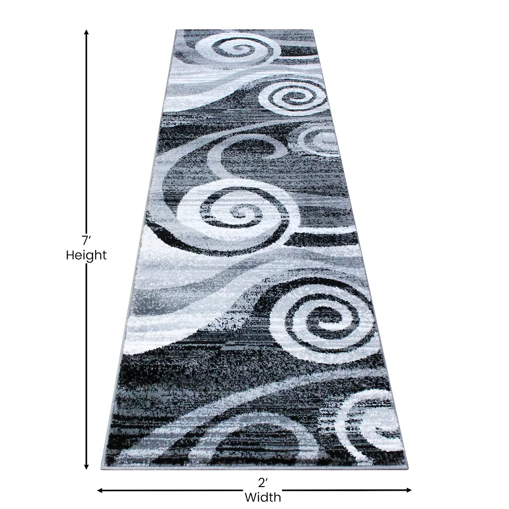 Emma And Oliver Aeris 2'x7' Contemporary Swirl Plush Pile Accent Rug With Scraped Effect In Gray, Black And White And Jute Backing 6 Emma And Oliver Aeris 2'x7' Contemporary Swirl Plush Pile Accent Rug With Scraped Effect In Gray, Black And White And Jute Backing - Image 4
