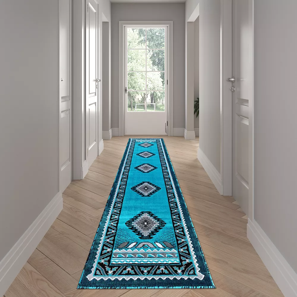 Emma And Oliver Oceano 2x10 Turquoise Southwestern Style Accent Rug With Olefin Facing And Natural Jute Backing Suitable For Multiple Floor Types 4 Emma And Oliver Oceano 2x10 Turquoise Southwestern Style Accent Rug With Olefin Facing And Natural Jute Backing Suitable For Multiple Floor Types - Image 2