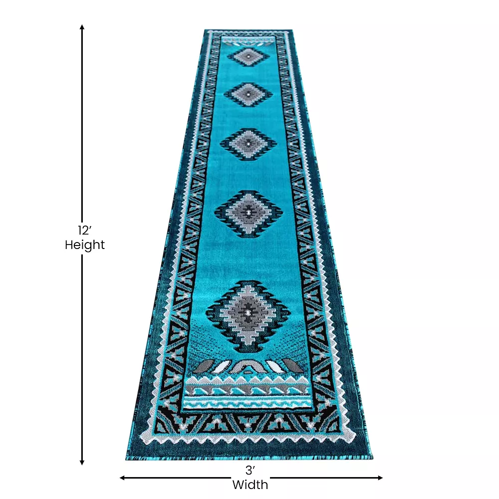 Emma And Oliver Oceano 2x10 Turquoise Southwestern Style Accent Rug With Olefin Facing And Natural Jute Backing Suitable For Multiple Floor Types 6 Emma And Oliver Oceano 2x10 Turquoise Southwestern Style Accent Rug With Olefin Facing And Natural Jute Backing Suitable For Multiple Floor Types - Image 4