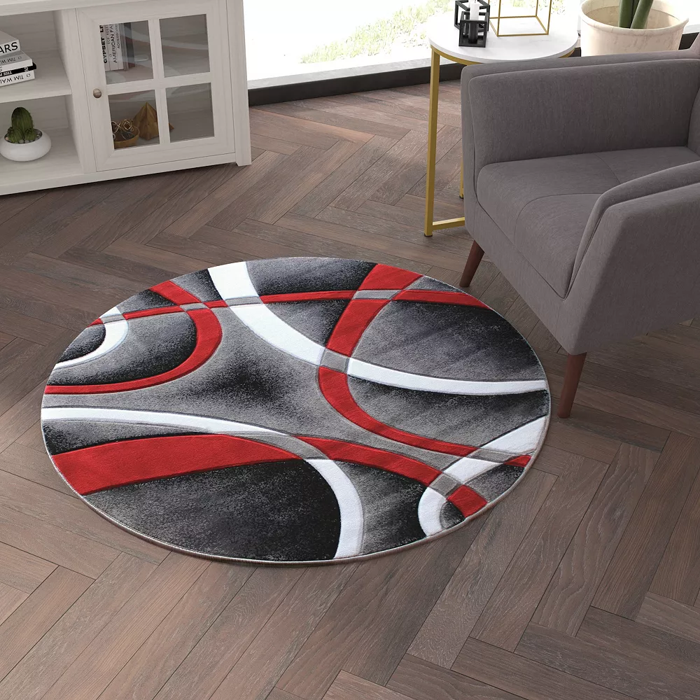 Emma And Oliver Cambre 4x4 Round Olefin Accent Rug With 3D Sculpted Intersecting Arch Design In Red, Gray, Black And White With Jute Backing 4 Emma And Oliver Cambre 4x4 Round Olefin Accent Rug With 3D Sculpted Intersecting Arch Design In Red, Gray, Black And White With Jute Backing - Image 2