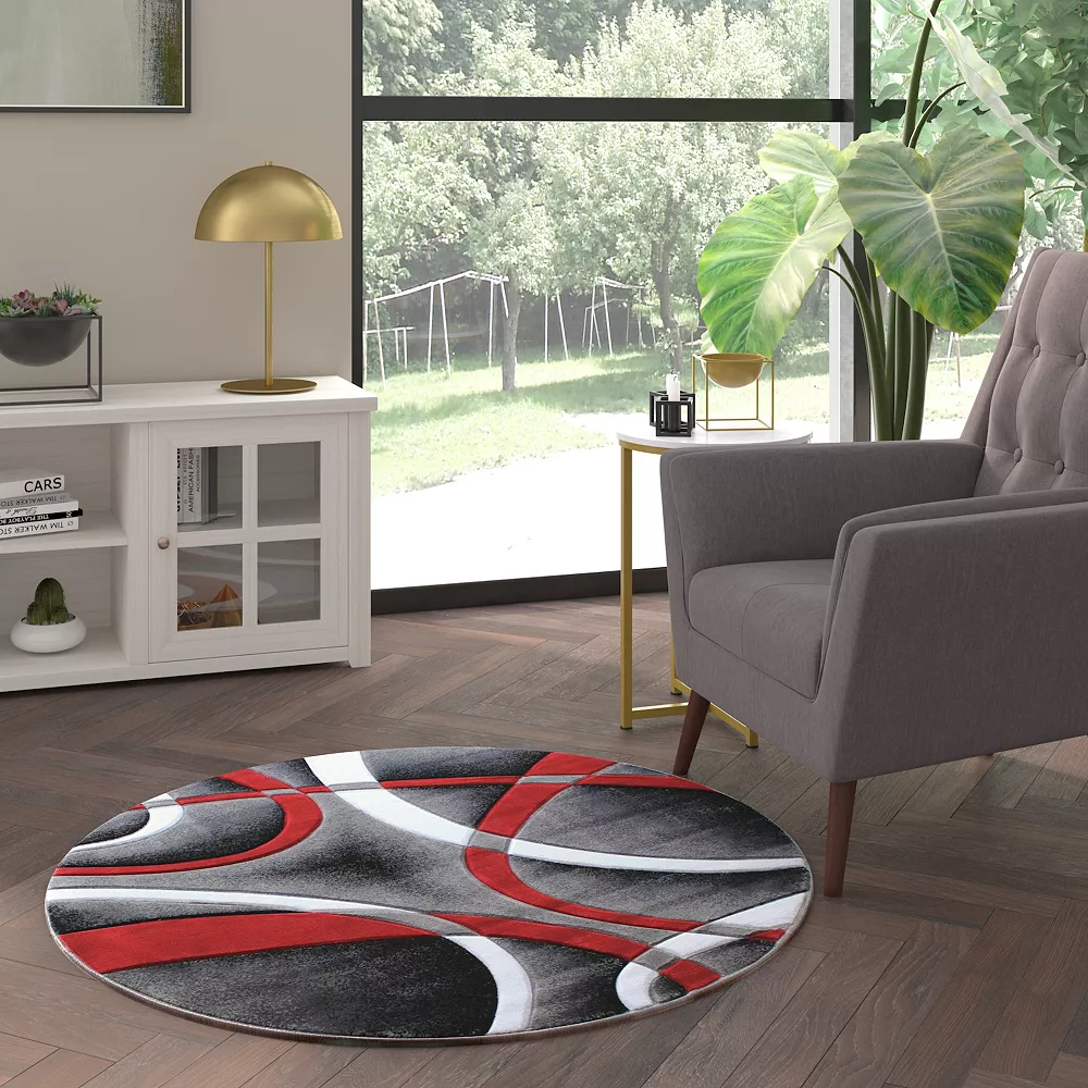 Emma And Oliver Cambre 4x4 Round Olefin Accent Rug With 3D Sculpted Intersecting Arch Design In Red, Gray, Black And White With Jute Backing 5 Emma And Oliver Cambre 4x4 Round Olefin Accent Rug With 3D Sculpted Intersecting Arch Design In Red, Gray, Black And White With Jute Backing - Image 3