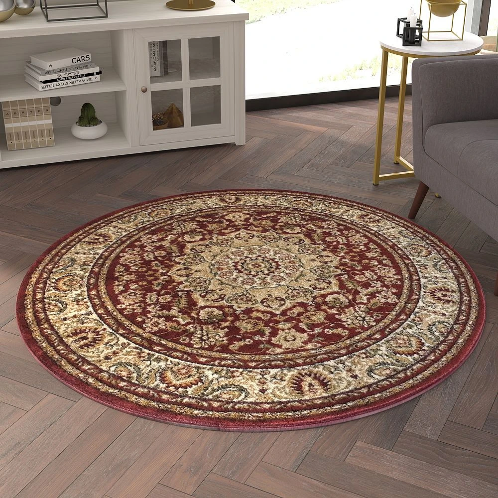 Emma And Oliver Zada Ultra Soft 4'x4' Octagon Olefin Accent Rug With Traditional Multicolor Medallion Design In Burgundy With Natural Jute Backing 4 Emma And Oliver Zada Ultra Soft 4'x4' Octagon Olefin Accent Rug With Traditional Multicolor Medallion Design In Burgundy With Natural Jute Backing - Image 2