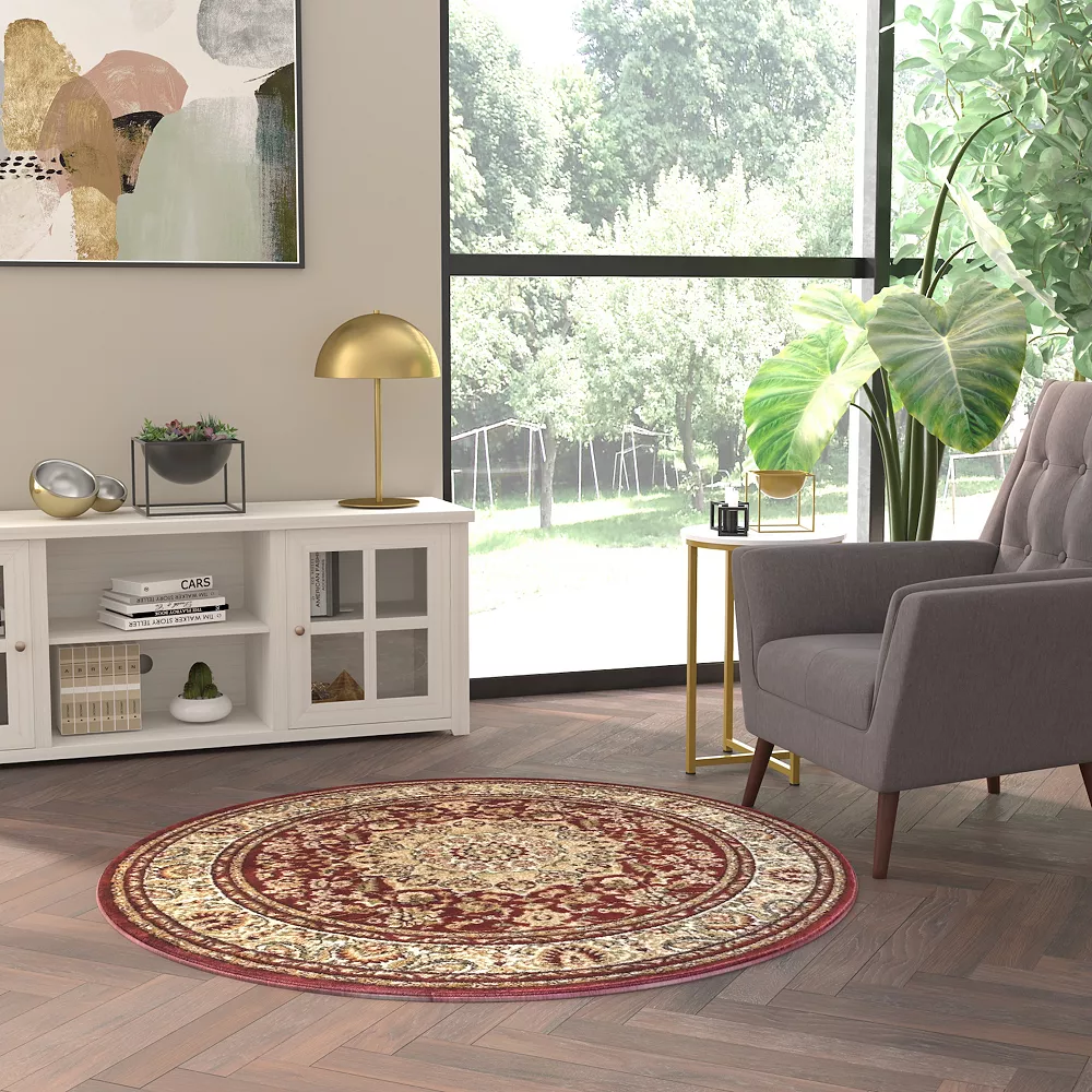 Emma And Oliver Zada Ultra Soft 4'x4' Octagon Olefin Accent Rug With Traditional Multicolor Medallion Design In Burgundy With Natural Jute Backing 5 Emma And Oliver Zada Ultra Soft 4'x4' Octagon Olefin Accent Rug With Traditional Multicolor Medallion Design In Burgundy With Natural Jute Backing - Image 3