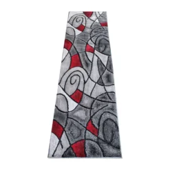 Emma And Oliver Urbane 2x7 Contemporary Abstract Geometric Olefin Accent Rug In Gradient Shades Of Gray And Red With Natural Jute Backing