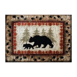 Emma And Oliver Ursa 8'x10' Rustic Cabin Or Lodge Theme Rug With Bear And Cub Design With Trees In Background And Bear Track Patterned Edges