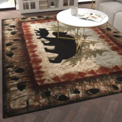 Emma And Oliver Ursa 8'x10' Rustic Cabin Or Lodge Theme Rug With Bear And Cub Design With Trees In Background And Bear Track Patterned Edges -Home furnishings 6169980 ALT2