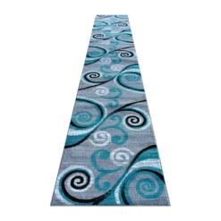 Emma And Oliver Helix 3x16 Scraped Look Ultra Soft Plush Pile Olefin Accent Rug In Turquoise, Gray, Black And White Swirl Pattern, Jute Backing