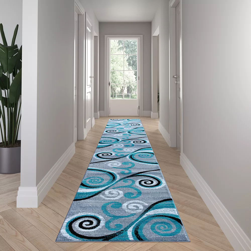 Emma And Oliver Helix 3x16 Scraped Look Ultra Soft Plush Pile Olefin Accent Rug In Turquoise, Gray, Black And White Swirl Pattern, Jute Backing 4 Emma And Oliver Helix 3x16 Scraped Look Ultra Soft Plush Pile Olefin Accent Rug In Turquoise, Gray, Black And White Swirl Pattern, Jute Backing - Image 2