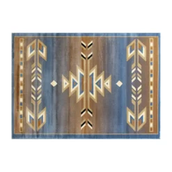 Emma And Oliver Reno 4x5 Olefin Accent Rug With Southwestern Geometric Arrow Design In Blue, Black, Beige & Ivory And Natural Jute Backing
