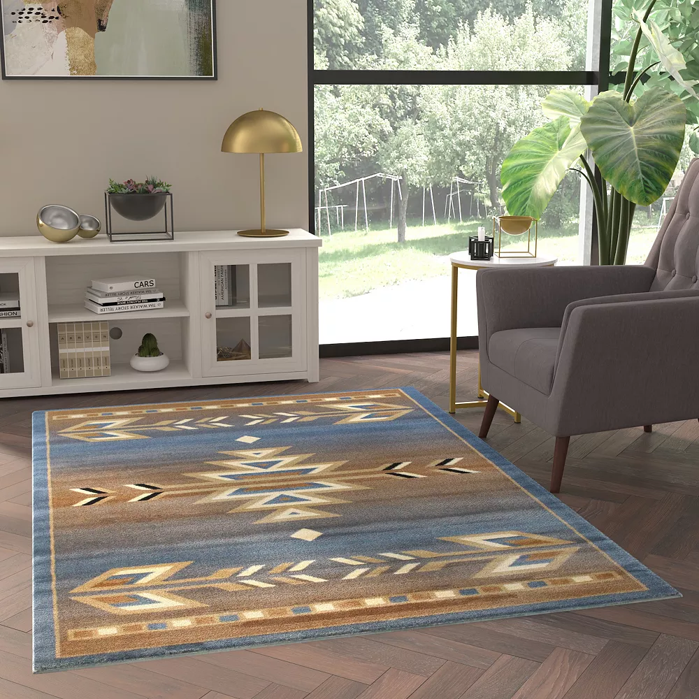 Emma And Oliver Reno 4x5 Olefin Accent Rug With Southwestern Geometric Arrow Design In Blue, Black, Beige & Ivory And Natural Jute Backing 4 Emma And Oliver Reno 4x5 Olefin Accent Rug With Southwestern Geometric Arrow Design In Blue, Black, Beige & Ivory And Natural Jute Backing - Image 2