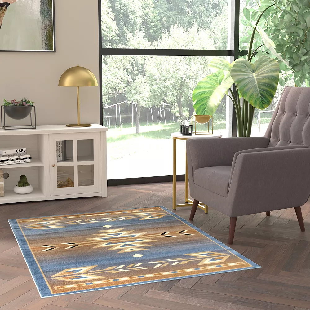 Emma And Oliver Reno 4x5 Olefin Accent Rug With Southwestern Geometric Arrow Design In Blue, Black, Beige & Ivory And Natural Jute Backing 5 Emma And Oliver Reno 4x5 Olefin Accent Rug With Southwestern Geometric Arrow Design In Blue, Black, Beige & Ivory And Natural Jute Backing - Image 3