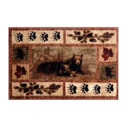 Emma And Oliver Juneau 5'x7' Accent Rug With Mother Brown Bear And 2 Cubs Nature Scene And Leaf And Bear Track Detailing For Home, Cabin Or RV