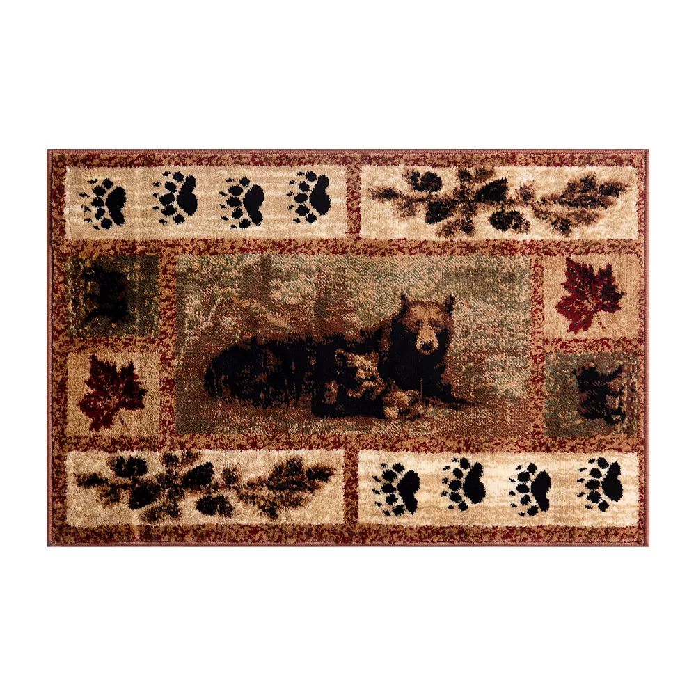 Emma And Oliver Juneau 5'x7' Accent Rug With Mother Brown Bear And 2 Cubs Nature Scene And Leaf And Bear Track Detailing For Home, Cabin Or RV 3 Emma And Oliver Juneau 5'x7' Accent Rug With Mother Brown Bear And 2 Cubs Nature Scene And Leaf And Bear Track Detailing For Home, Cabin Or RV