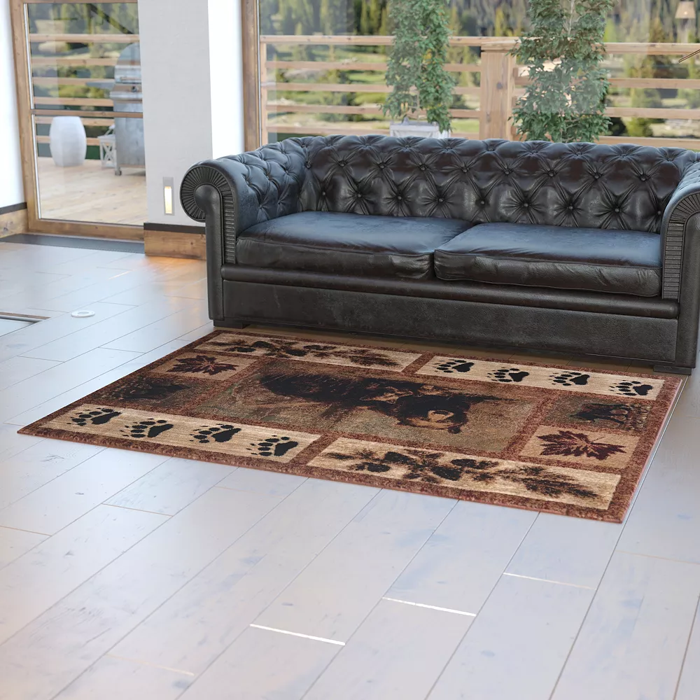 Emma And Oliver Juneau 5'x7' Accent Rug With Mother Brown Bear And 2 Cubs Nature Scene And Leaf And Bear Track Detailing For Home, Cabin Or RV 4 Emma And Oliver Juneau 5'x7' Accent Rug With Mother Brown Bear And 2 Cubs Nature Scene And Leaf And Bear Track Detailing For Home, Cabin Or RV - Image 2