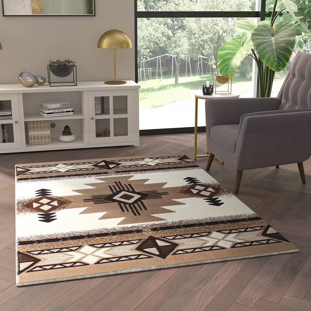 Emma And Oliver Santa Fe 5x7 Ivory Olefin Accent Rug With Complementary Southwestern Pattern In Beige, Black And Brown And Jute Backing 4 Emma And Oliver Santa Fe 5x7 Ivory Olefin Accent Rug With Complementary Southwestern Pattern In Beige, Black And Brown And Jute Backing - Image 2