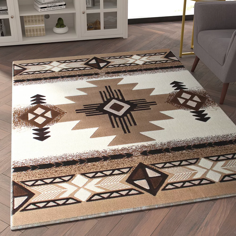 Emma And Oliver Santa Fe 5x7 Ivory Olefin Accent Rug With Complementary Southwestern Pattern In Beige, Black And Brown And Jute Backing 5 Emma And Oliver Santa Fe 5x7 Ivory Olefin Accent Rug With Complementary Southwestern Pattern In Beige, Black And Brown And Jute Backing - Image 3