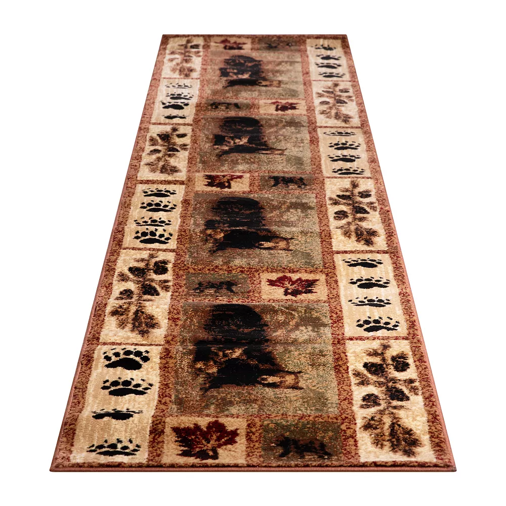 Emma And Oliver Juneau 2'x11' Accent Rug With Mother Brown Bear And 2 Cubs Nature Scene And Leaf And Bear Track Detailing For Home, Cabin Or RV 3 Emma And Oliver Juneau 2'x11' Accent Rug With Mother Brown Bear And 2 Cubs Nature Scene And Leaf And Bear Track Detailing For Home, Cabin Or RV