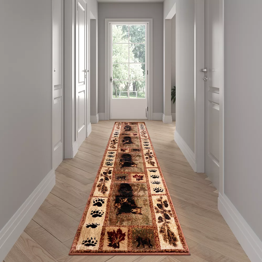 Emma And Oliver Juneau 2'x11' Accent Rug With Mother Brown Bear And 2 Cubs Nature Scene And Leaf And Bear Track Detailing For Home, Cabin Or RV 4 Emma And Oliver Juneau 2'x11' Accent Rug With Mother Brown Bear And 2 Cubs Nature Scene And Leaf And Bear Track Detailing For Home, Cabin Or RV - Image 2