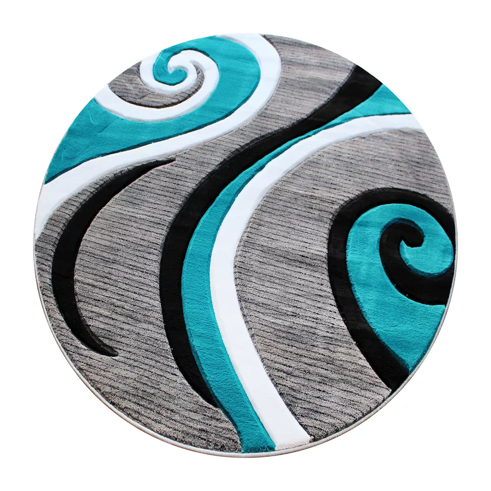 Emma And Oliver Modal 5x5 Round Accent Rug With Modern 3D Sculpted Swirl Pattern And Varied Texture Piling In Turquoise, Black, White & Gray 3 Emma And Oliver Modal 5x5 Round Accent Rug With Modern 3D Sculpted Swirl Pattern And Varied Texture Piling In Turquoise, Black, White & Gray