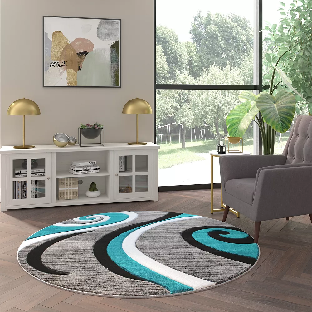 Emma And Oliver Modal 5x5 Round Accent Rug With Modern 3D Sculpted Swirl Pattern And Varied Texture Piling In Turquoise, Black, White & Gray 4 Emma And Oliver Modal 5x5 Round Accent Rug With Modern 3D Sculpted Swirl Pattern And Varied Texture Piling In Turquoise, Black, White & Gray - Image 2